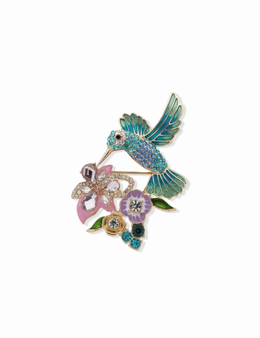 Watches & Jewelry * | The Jewelry Group Hummingbird And Flower Brooch Gold-Tone