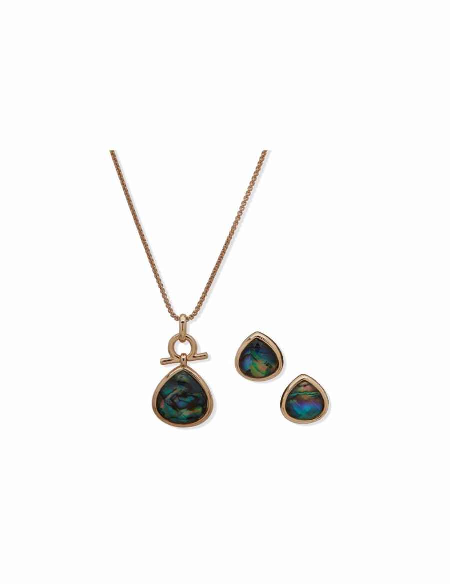 Watches & Jewelry * | The Jewelry Group Tear Drop Pendant Necklace And Earring Set In Pouch Gold Tone/Green