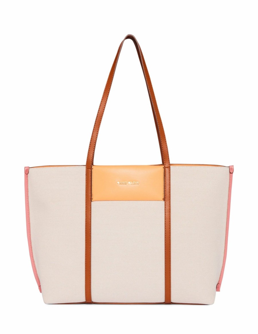 Handbags * | Madden Handbags Large Color Blocked Canvas Tote Tan- Cream/ Papaya/ Posie Pink/ Saddle