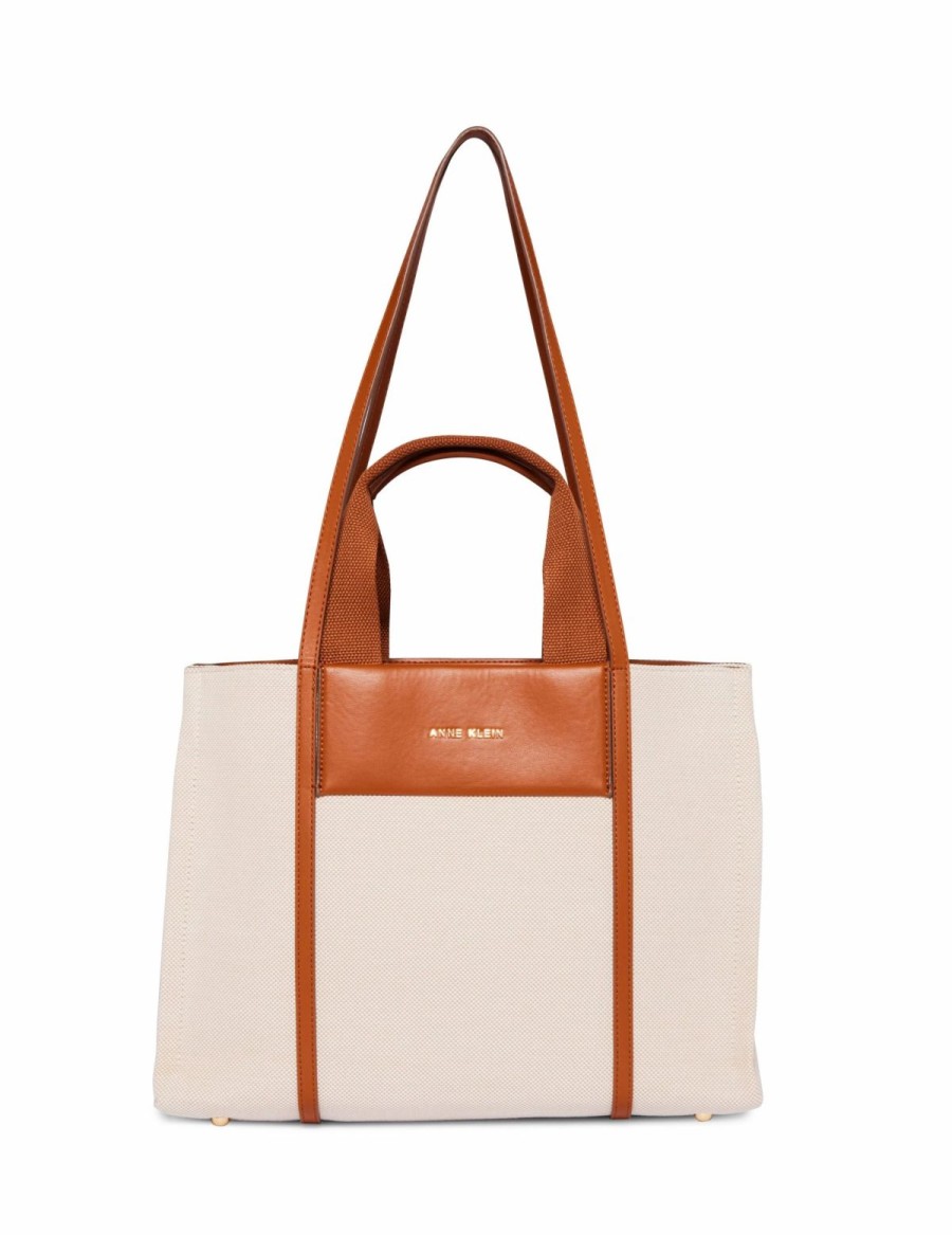 Handbags * | Madden Handbags Medium Color Blocked Canvas Tote Tan- Cream/ Saddle