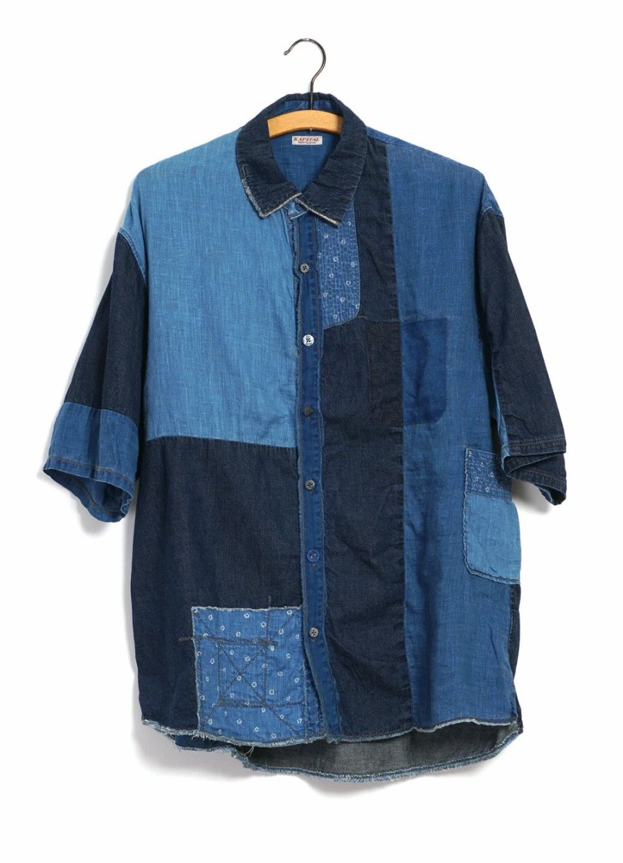 Tops * | Kapital Katmandu | Short Sleeve Patchwork Shirt | Indigo