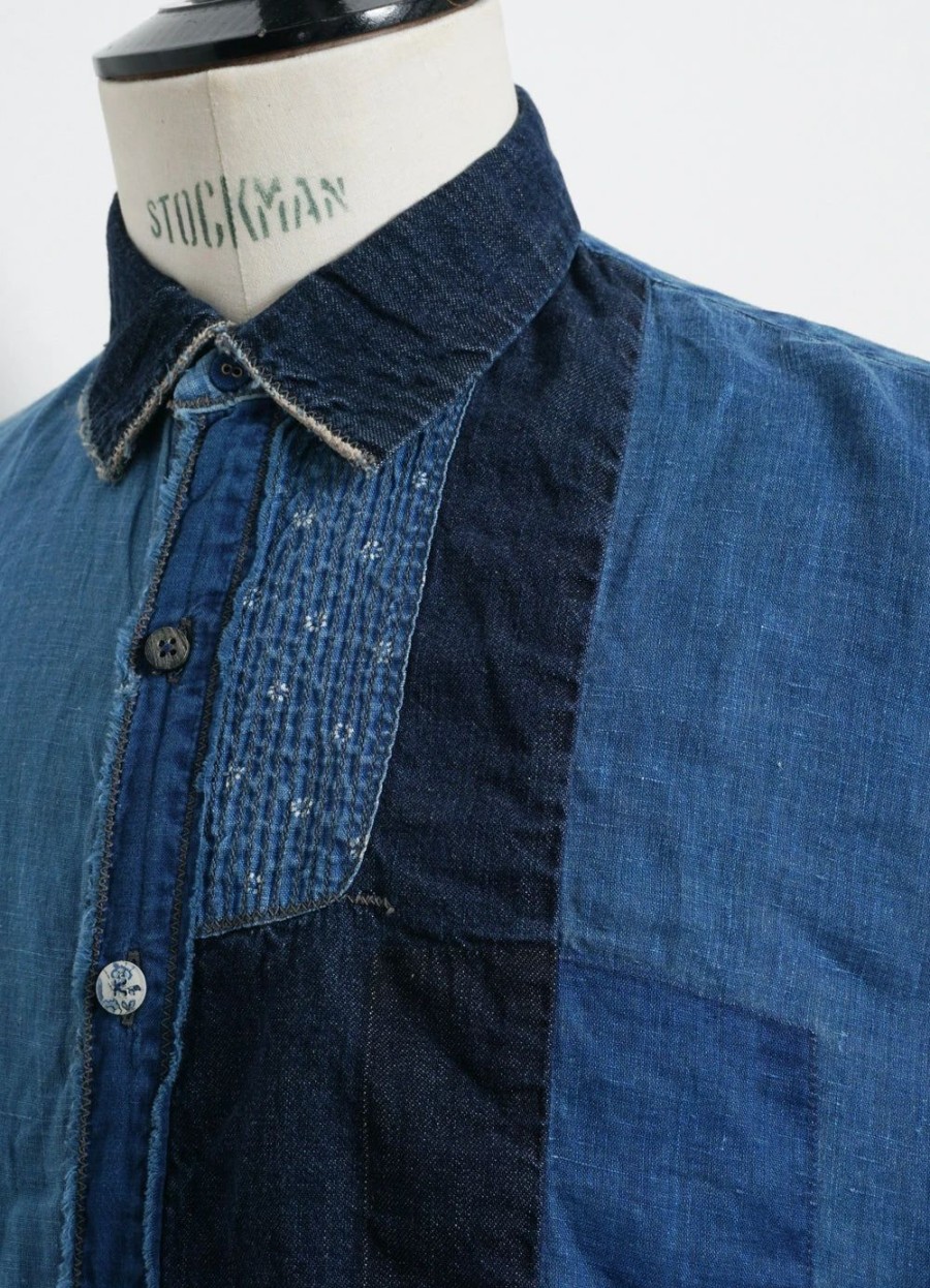 Tops * | Kapital Katmandu | Short Sleeve Patchwork Shirt | Indigo