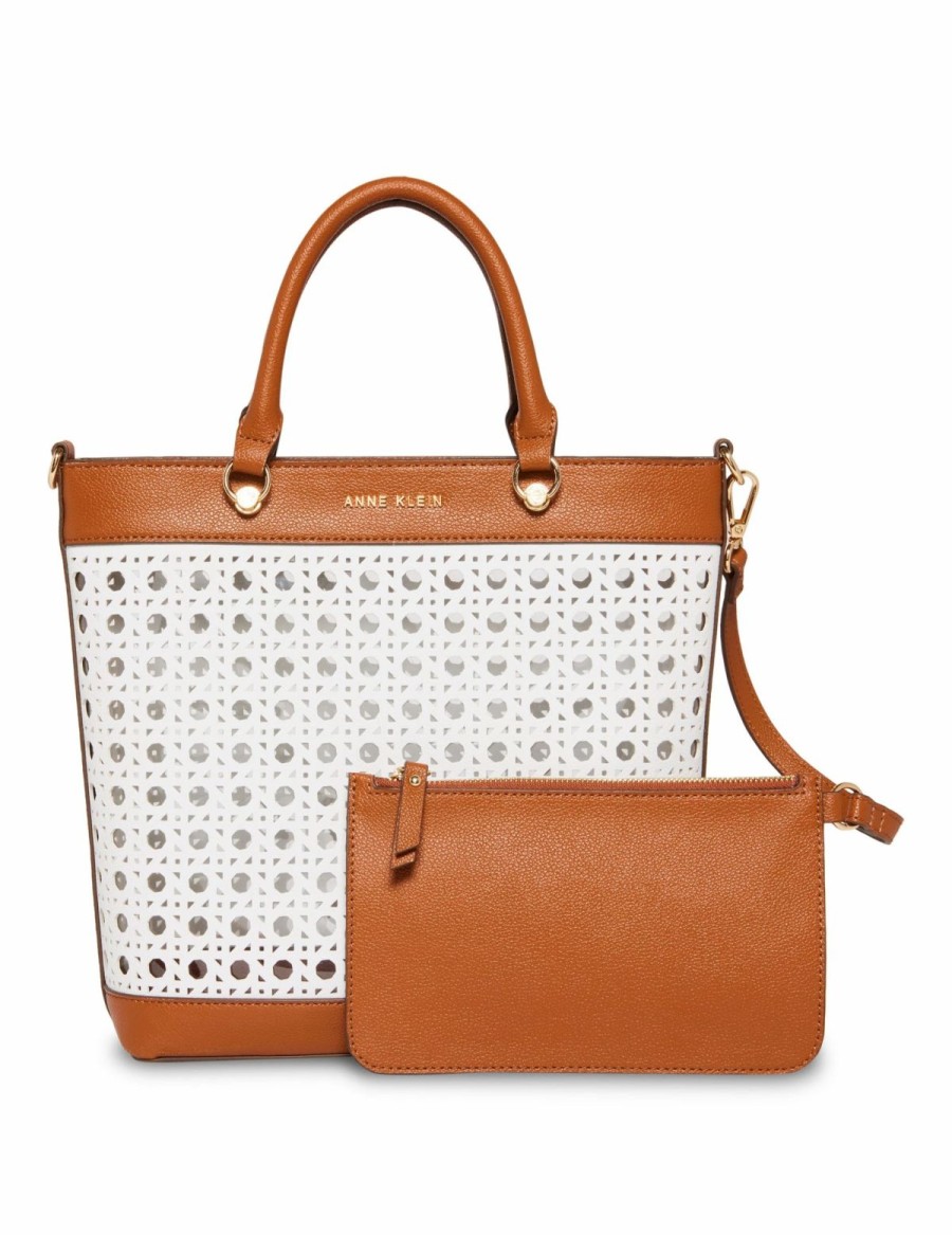 Handbags * | Madden Handbags Mini Perforated Tote With Pouch Gardenia/ Saddle