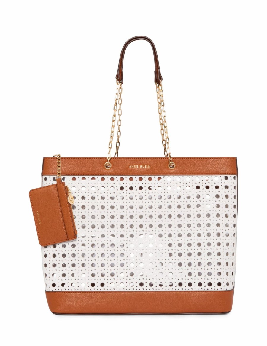 Handbags * | Madden Handbags Large Perforated Tote With Card Case Gardenia/ Saddle