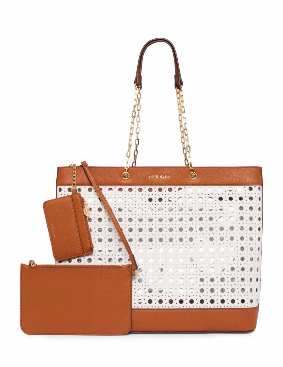 Handbags * | Madden Handbags Large Perforated Tote With Card Case Gardenia/ Saddle