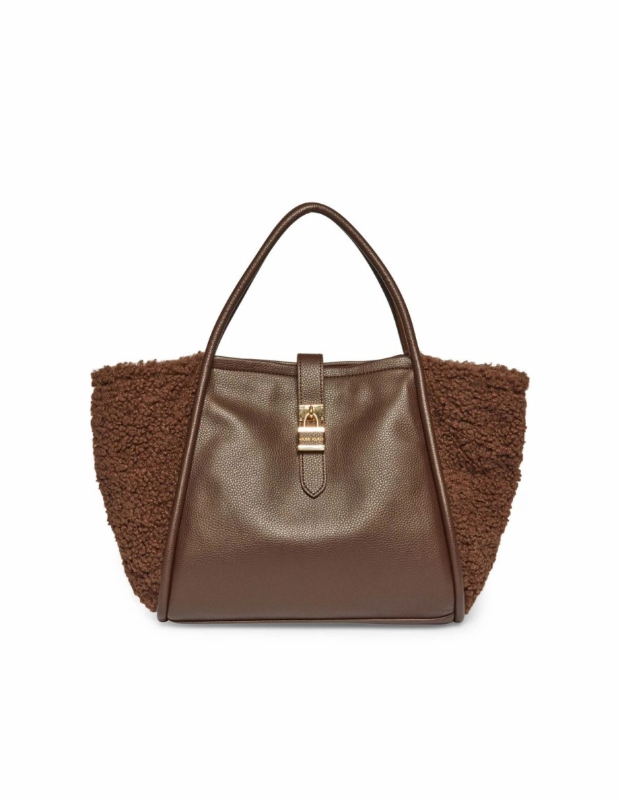 Handbags * | Madden Handbags Mixed Media Sherpa Lock Tote Midnight Chocolate