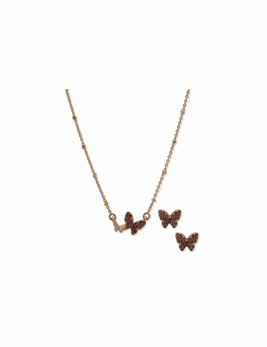 Watches & Jewelry * | The Jewelry Group Butterflies Motif Necklace And Earring Set In Pouch Gold Tone