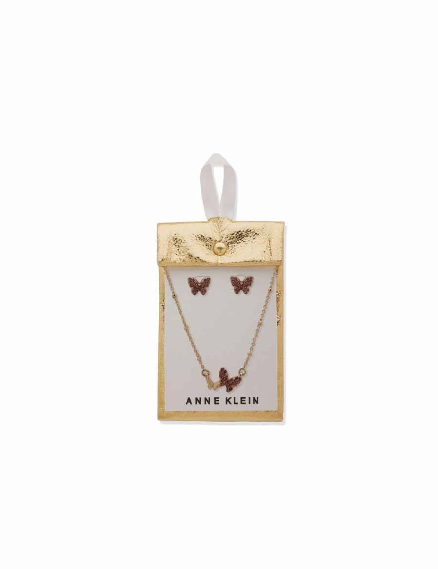 Watches & Jewelry * | The Jewelry Group Butterflies Motif Necklace And Earring Set In Pouch Gold Tone