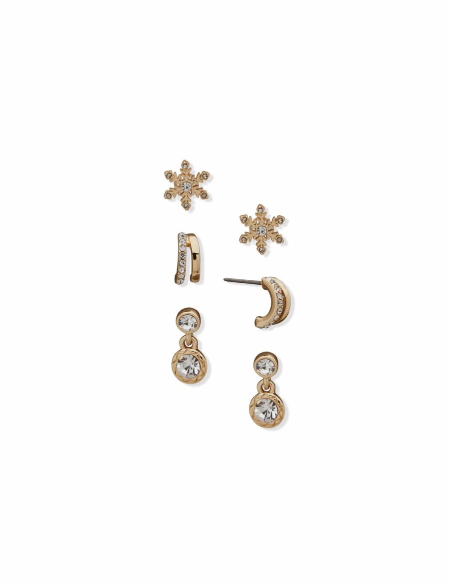 Watches & Jewelry * | The Jewelry Group Snowflake Drop And C Hoop Pierced Earring Trio In Gift Box Gold Tone