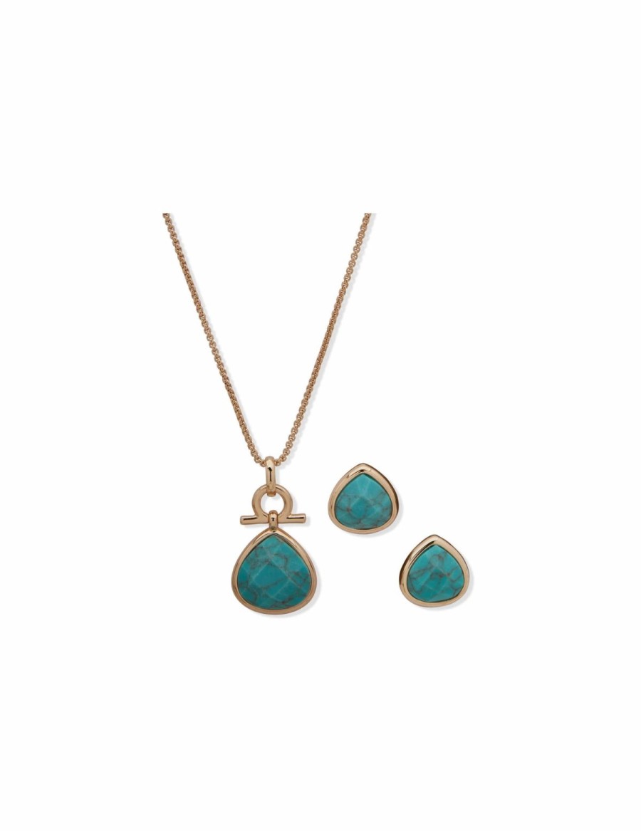 Watches & Jewelry * | The Jewelry Group Tear Drop Pendant Necklace And Earring Set In Pouch Gold Tone/Blue