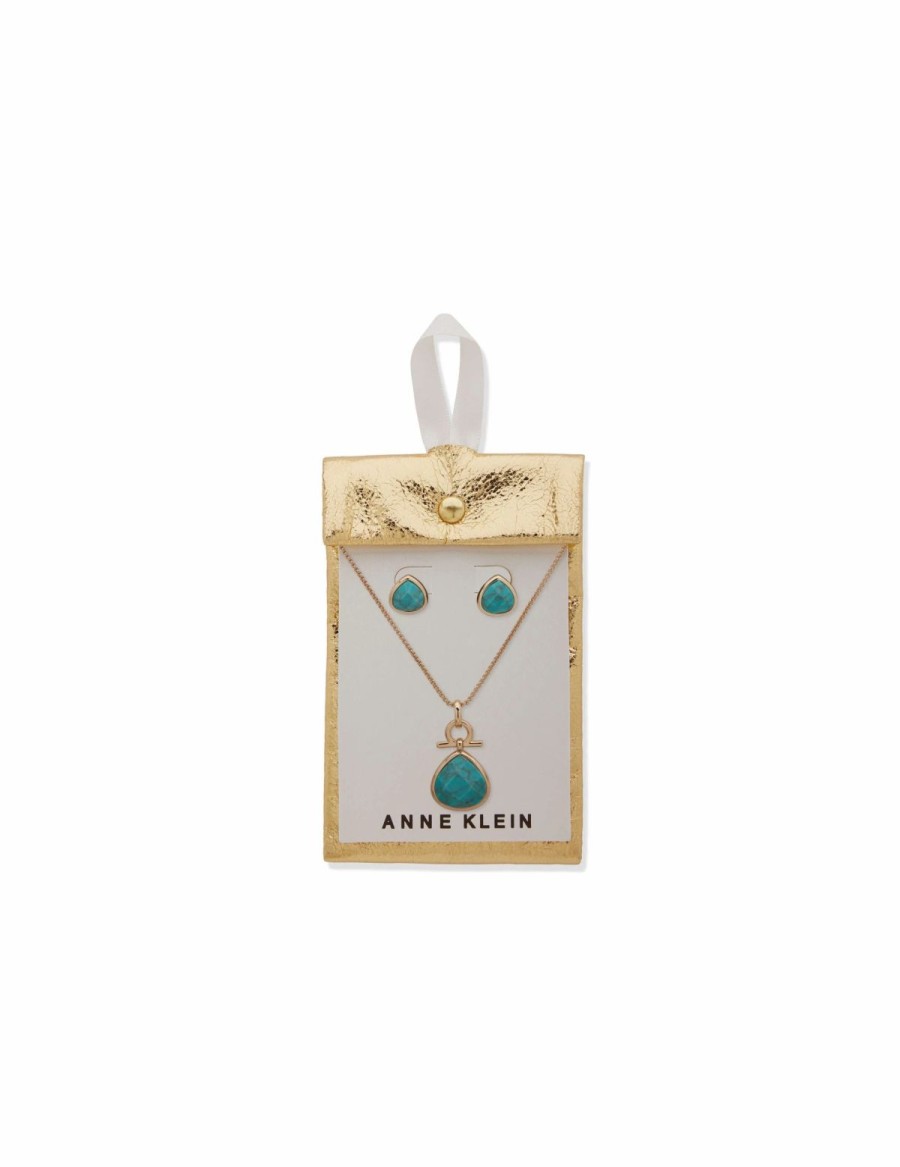 Watches & Jewelry * | The Jewelry Group Tear Drop Pendant Necklace And Earring Set In Pouch Gold Tone/Blue