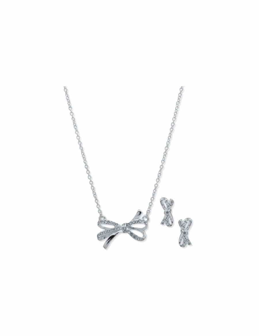 Watches & Jewelry * | The Jewelry Group Bow Necklace And Earring Set In Pouch Silver Tone