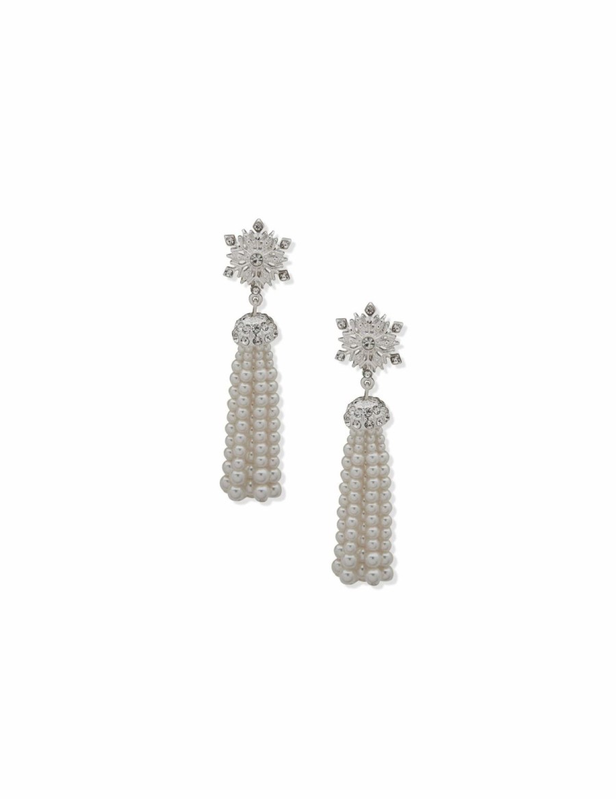 Watches & Jewelry * | The Jewelry Group Snowflake Linear Pierced Earring With Faux Pearl Tassel Silver Tone