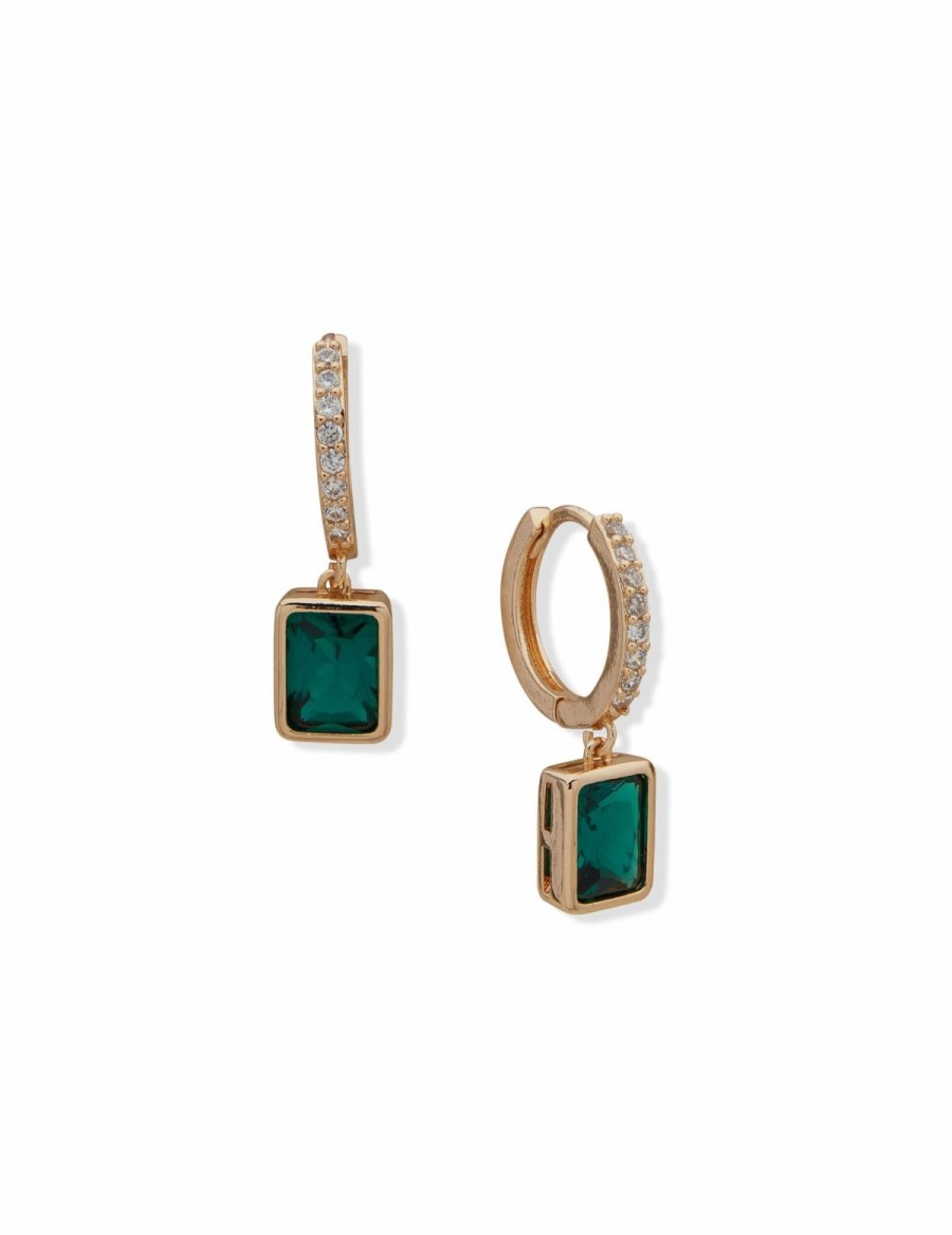 Watches & Jewelry * | The Jewelry Group Hoop With Emerald Stone Pierced Earrings Gold Tone