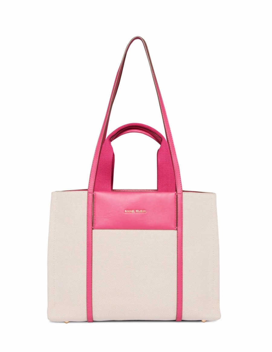 Handbags * | Madden Handbags Medium Color Blocked Canvas Tote Tan- Cream/ Fuchsia