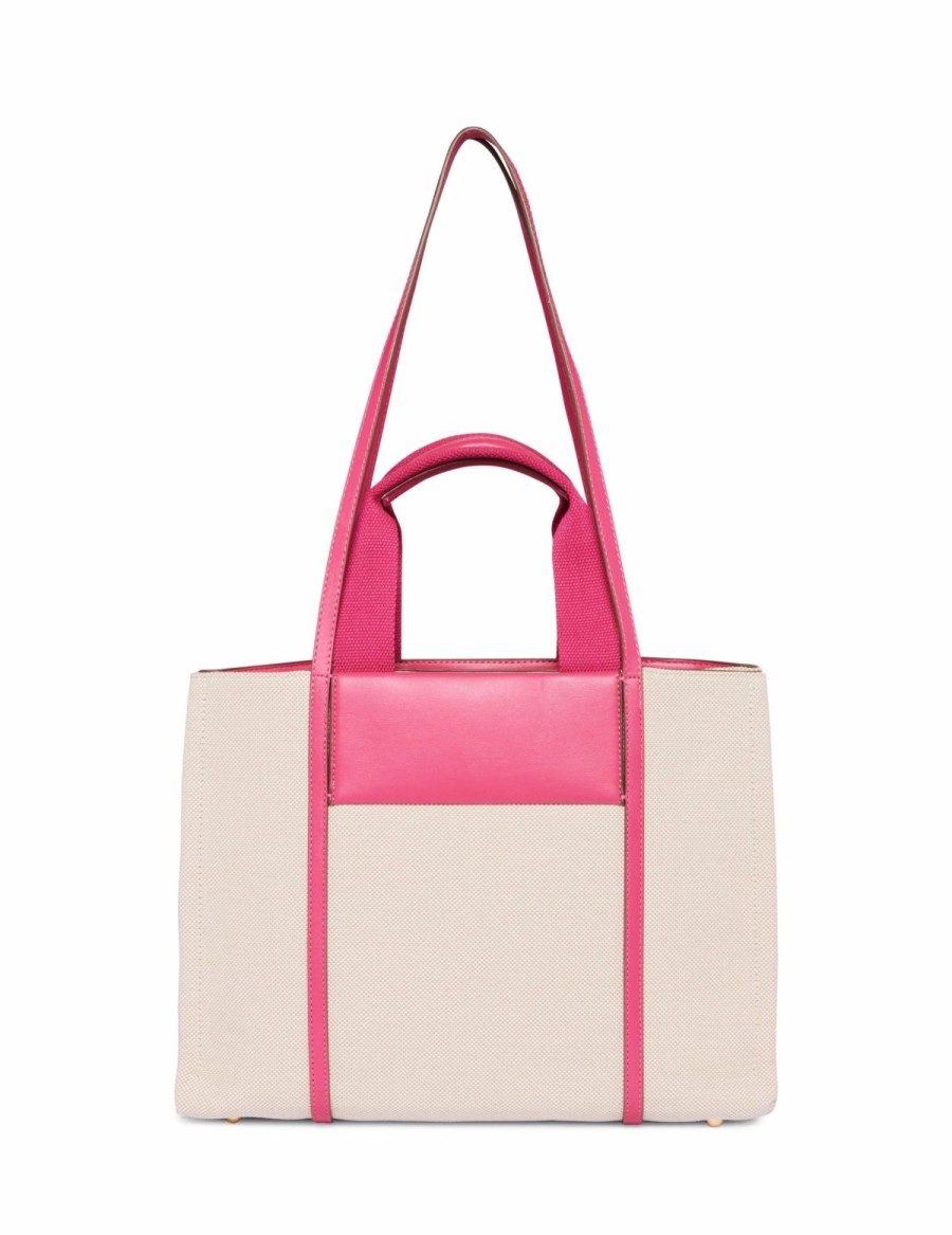 Handbags * | Madden Handbags Medium Color Blocked Canvas Tote Tan- Cream/ Fuchsia