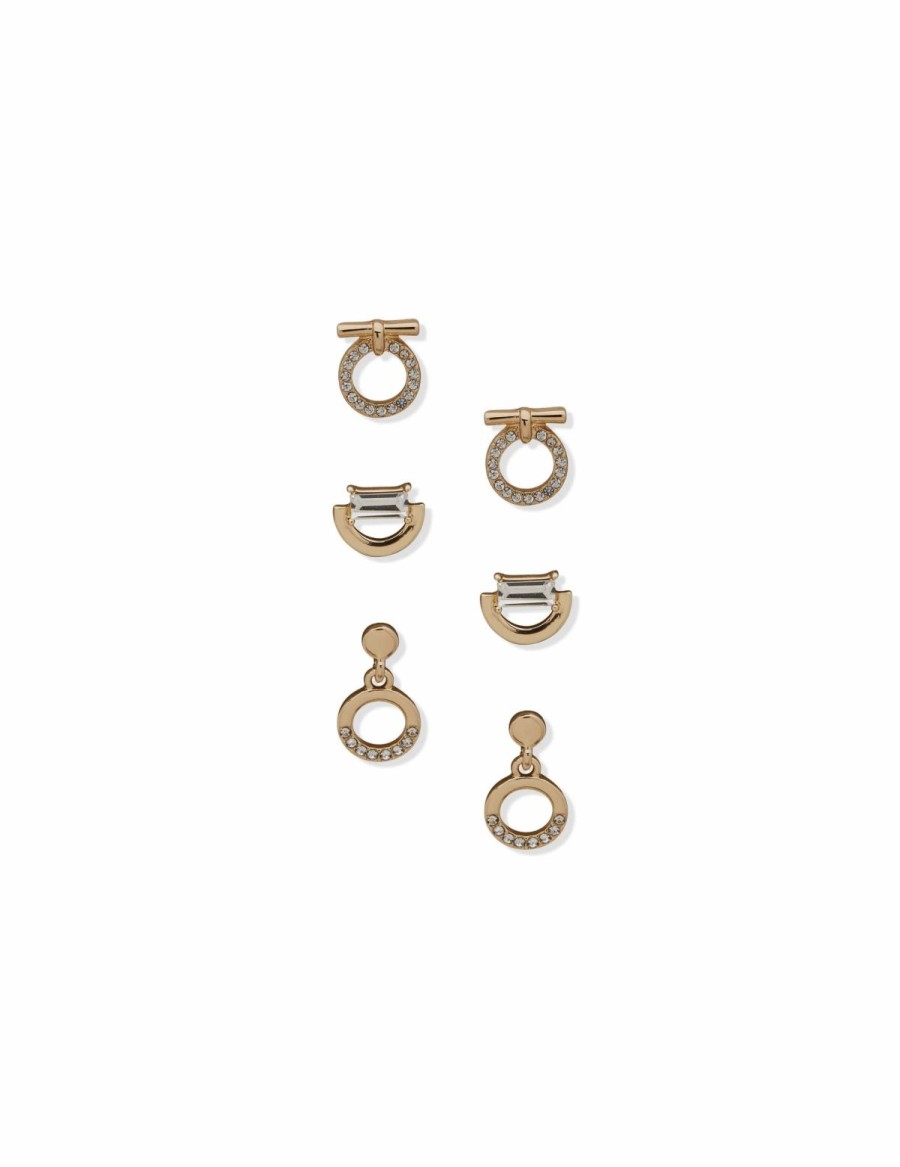 Watches & Jewelry * | The Jewelry Group Stud Drop And Circle Pave Pierced Earring Trio In Gift Box Gold Tone