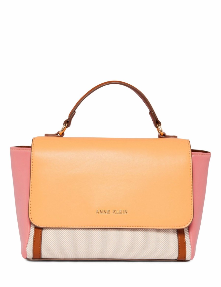 Handbags * | Madden Handbags E/W Color Blocked Canvas Flap Satchel Tan- Cream/ Papaya/ Posie Pink/ Saddle