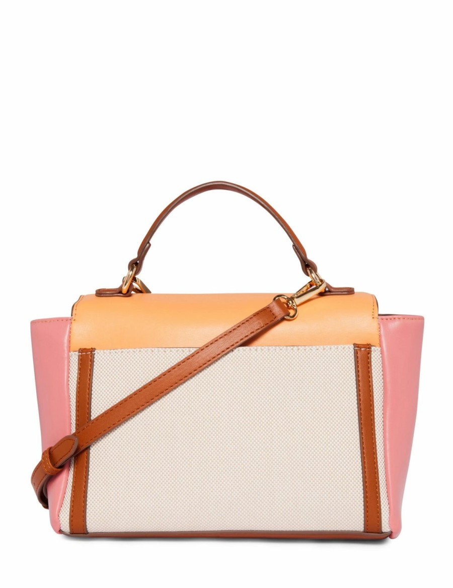 Handbags * | Madden Handbags E/W Color Blocked Canvas Flap Satchel Tan- Cream/ Papaya/ Posie Pink/ Saddle