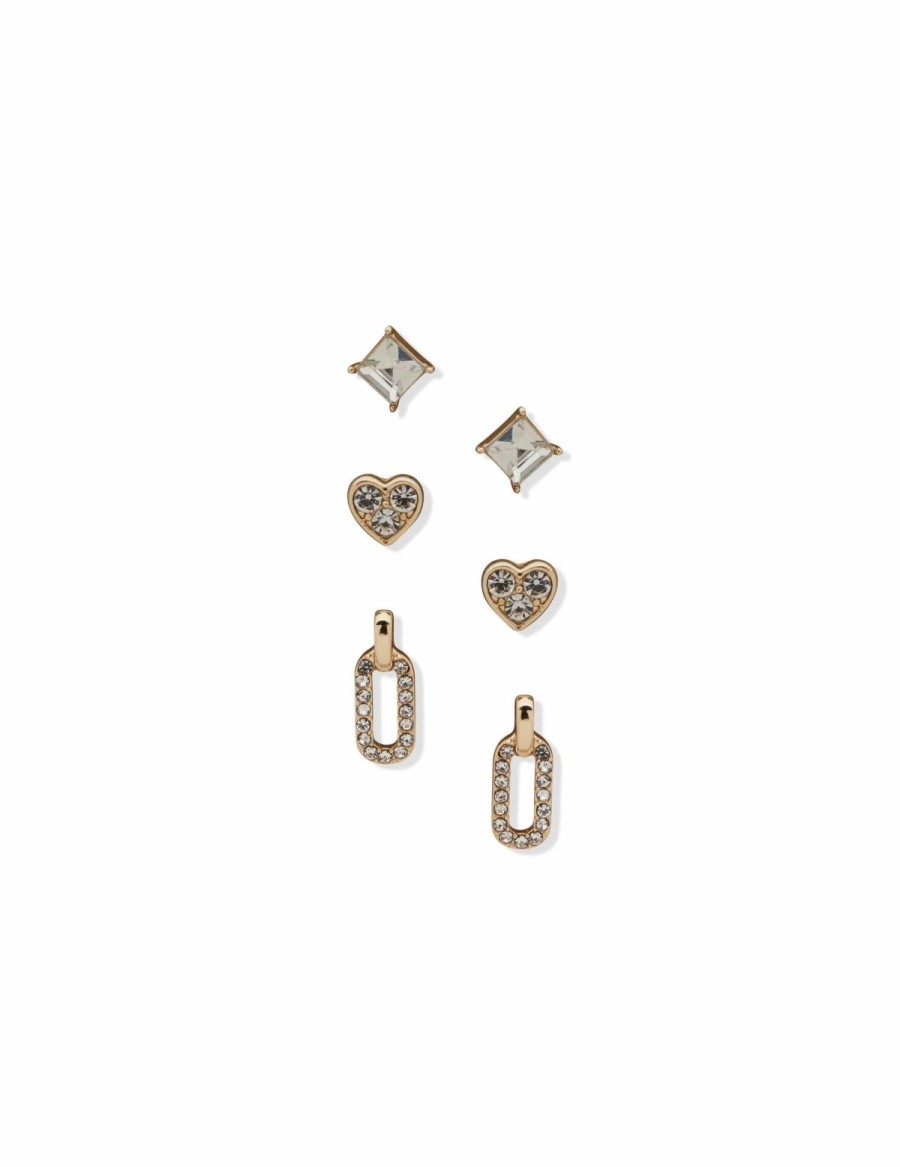 Watches & Jewelry * | The Jewelry Group Stud Heart And Link Drop Pierced Earring Trio In Gift Box Gold Tone