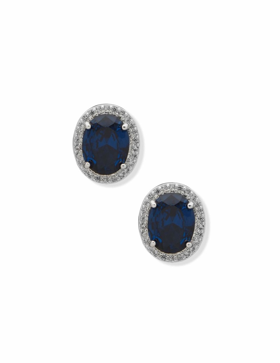 Watches & Jewelry * | The Jewelry Group Oval Halo Button Sapphire Pierced Earrings Silver Tone