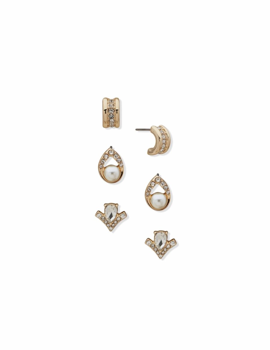 Watches & Jewelry * | The Jewelry Group Stud Button And C Hoop Pierced Earring Trio In Gift Box Gold Tone