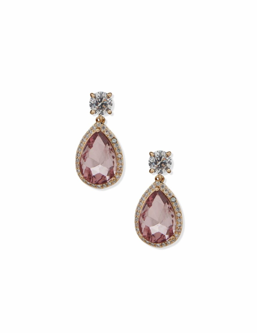 Watches & Jewelry * | The Jewelry Group Round With Halo Pear Drop Stud Earrings Gold Tone/Pink