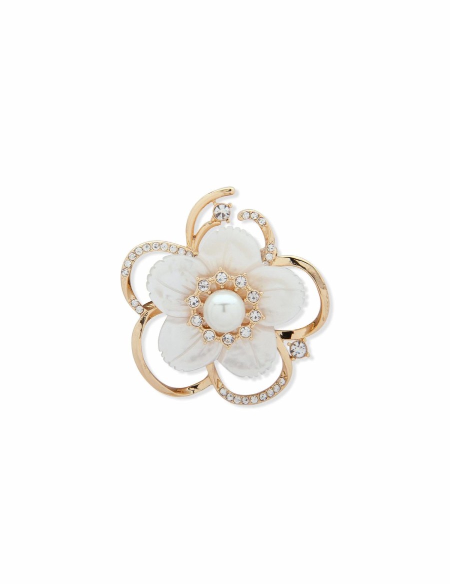 Watches & Jewelry * | The Jewelry Group White Flower Brooch Gold Gold-Tone