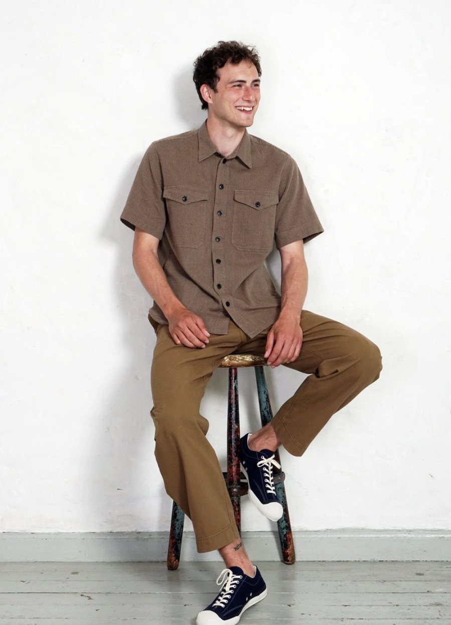 Tops * | Hansen Garments Villy | Short Sleeve Shirt | Khaki Sashiko