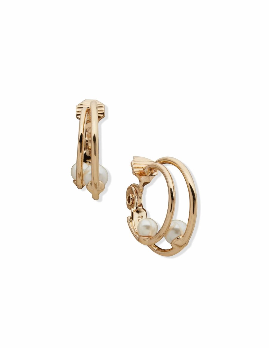 Watches & Jewelry * | The Jewelry Group Double Hoop With Pearl Clip Earrings Gold Tone