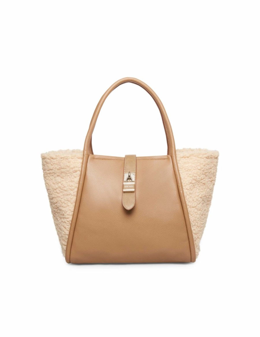 Handbags * | Madden Handbags Mixed Media Sherpa Lock Tote Khaki&Cement