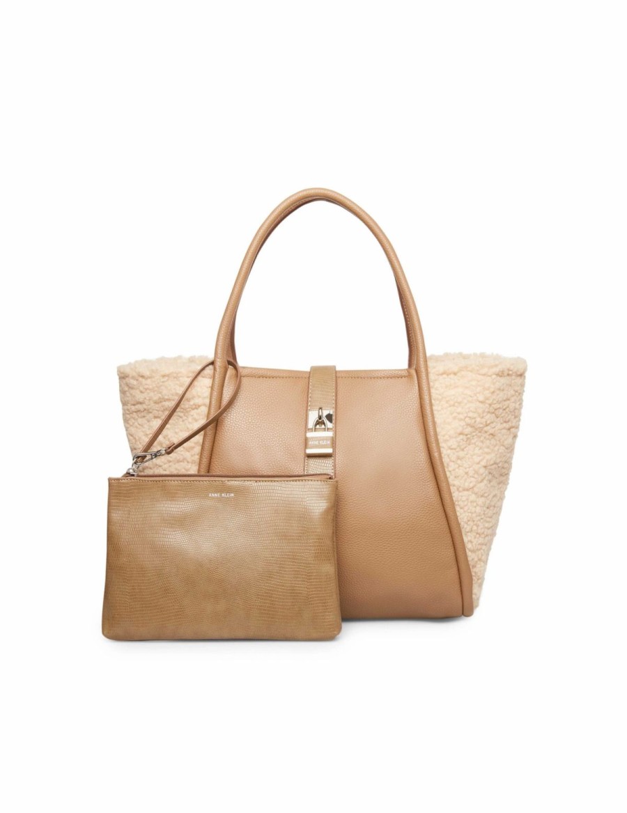 Handbags * | Madden Handbags Mixed Media Sherpa Lock Tote Khaki&Cement