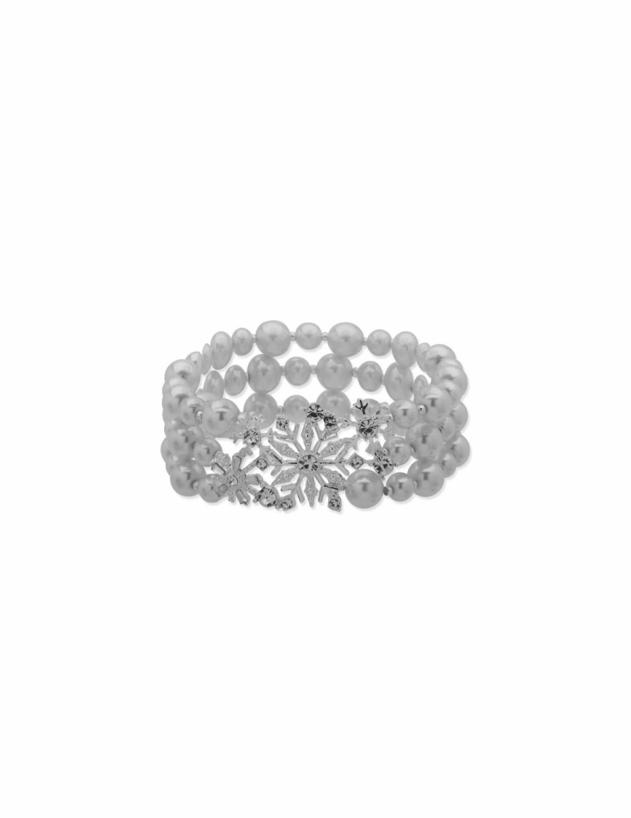 Watches & Jewelry * | The Jewelry Group 3 Row Snowflake Faux Pearl Stretch Bracelet Silver Tone