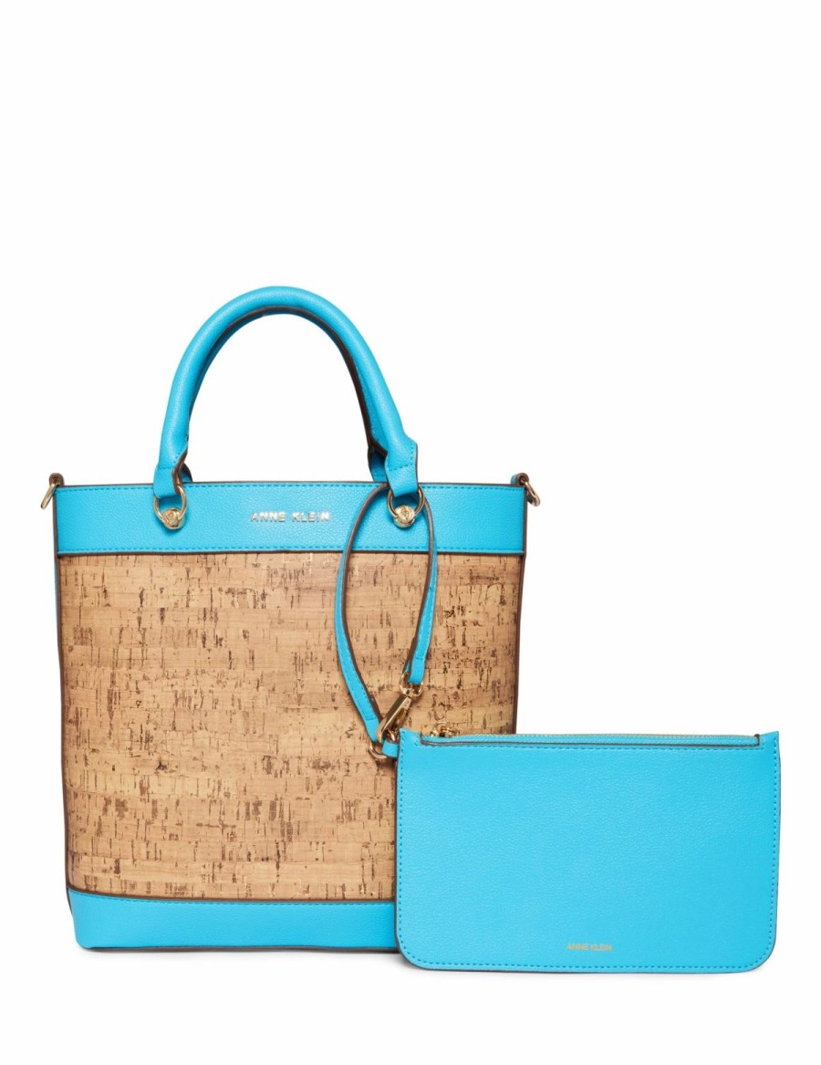 Handbags * | Madden Handbags Mini Cork Tote With Pouch Turquoise Sea / Cork