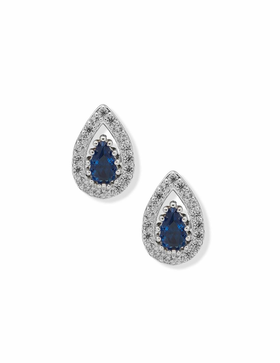 Watches & Jewelry * | The Jewelry Group Pear Stone Halo Button Sapphire Pierced Earrings Silver Tone