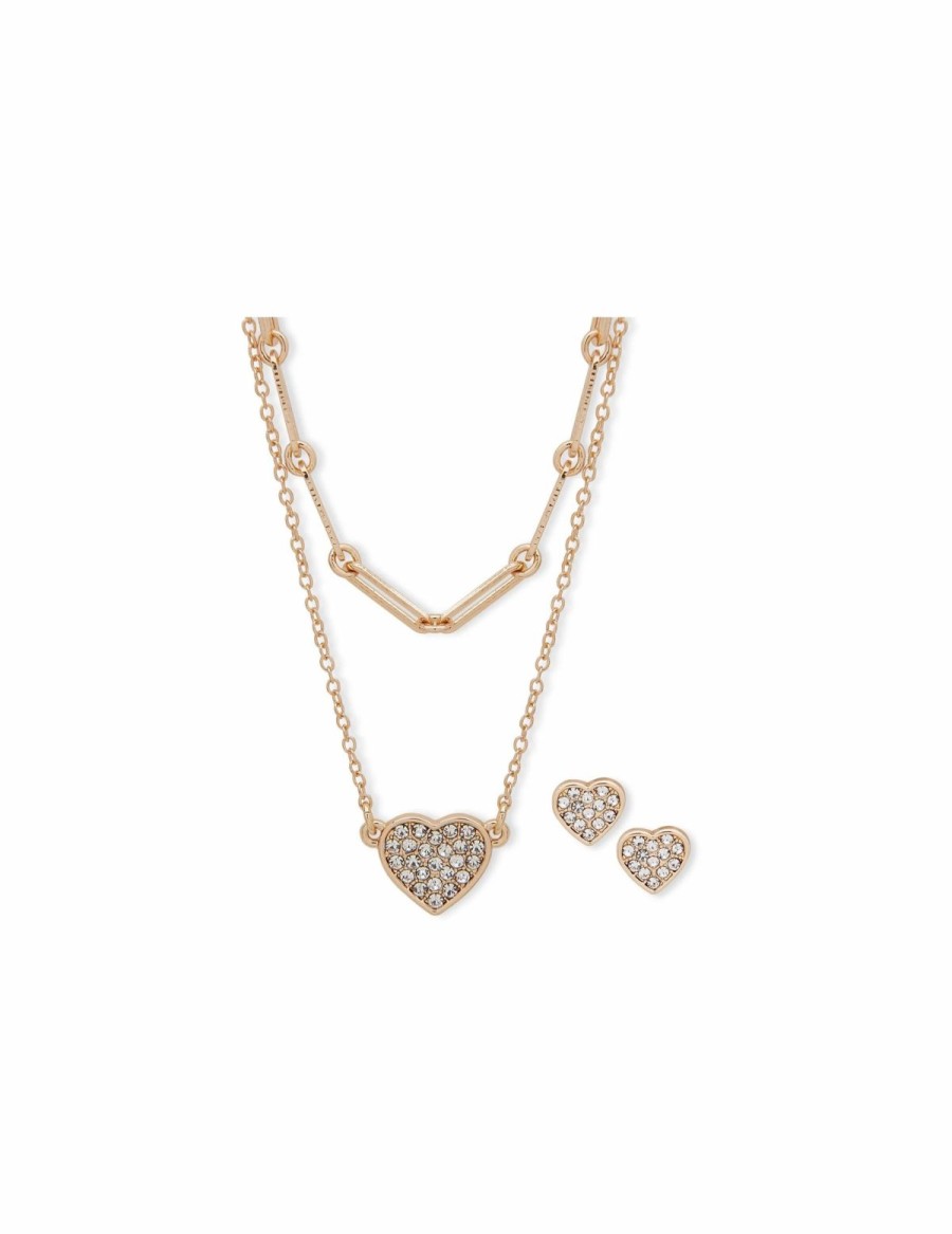 Watches & Jewelry * | The Jewelry Group Heart Pendant Necklace And Earring Pouch Set Gold Tone