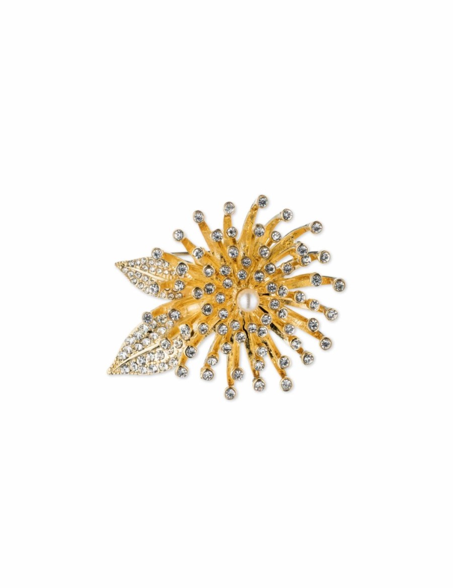 Watches & Jewelry * | The Jewelry Group Faux Pearl And Crystal Flower Brooch Gold-Tone