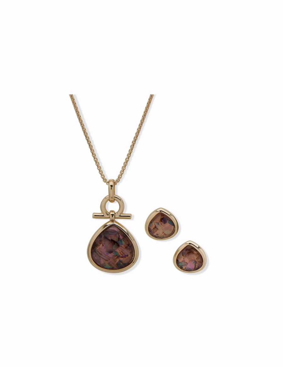 Watches & Jewelry * | The Jewelry Group Abalone Teardrop Earring & Necklace Set Gold-Tone/Purple