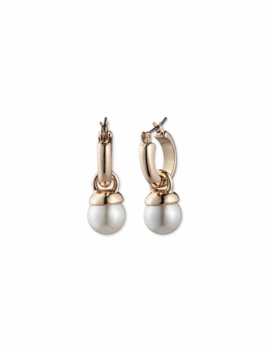 Watches & Jewelry * | The Jewelry Group Gold-Tone Blanc Faux Pearl Drop Hoop Earrings Blanc&Gold-Tone